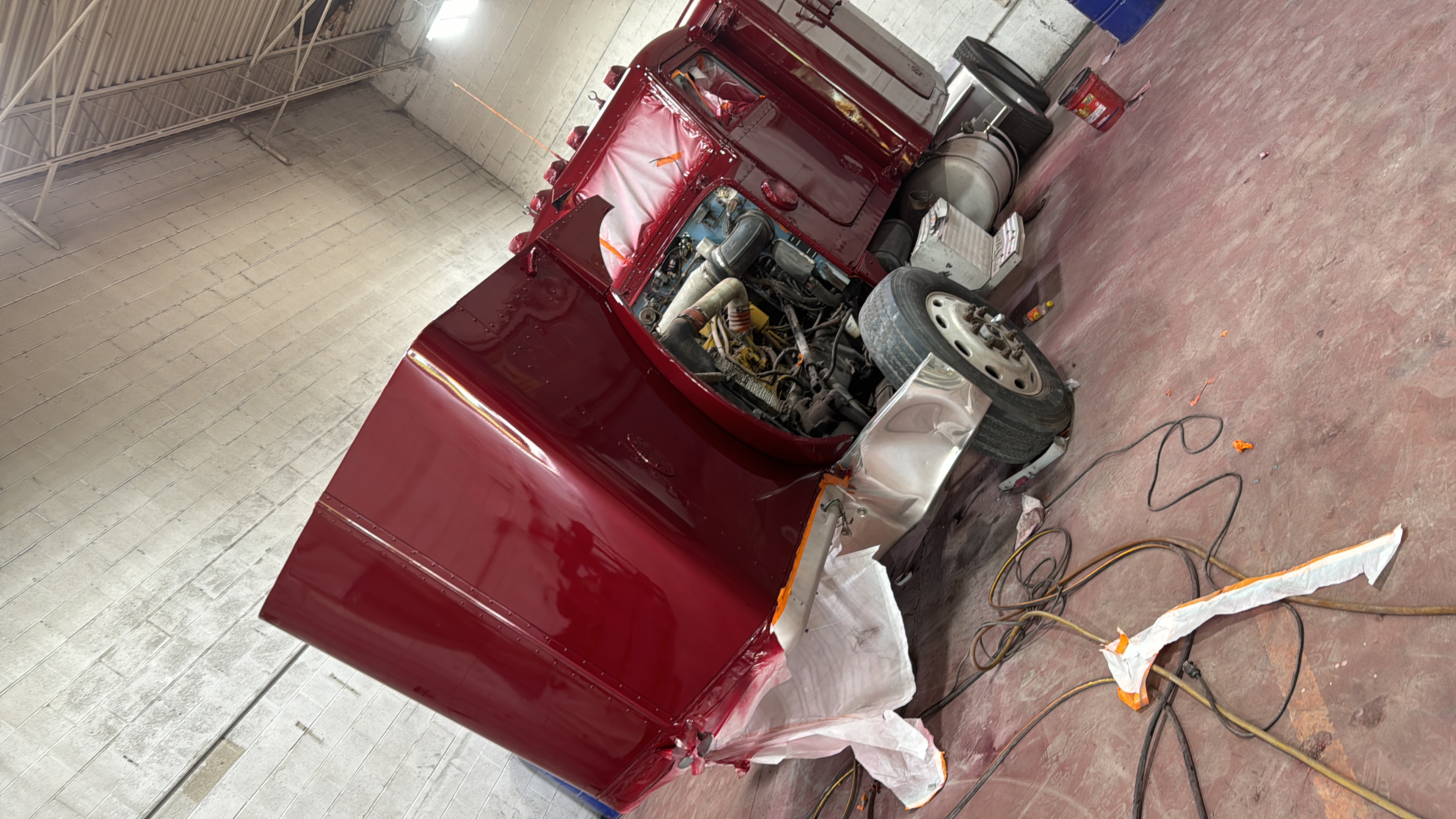 Red truck under repair